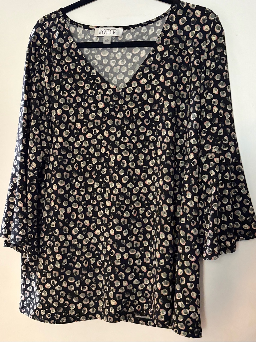 Kasper Black Printed V-Neck Tunic with Beige and Pink Spots